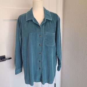 L.L. Bean Wide Wale Teal Blue Corduroy Big Shirt 100% Cotton SZ 1X